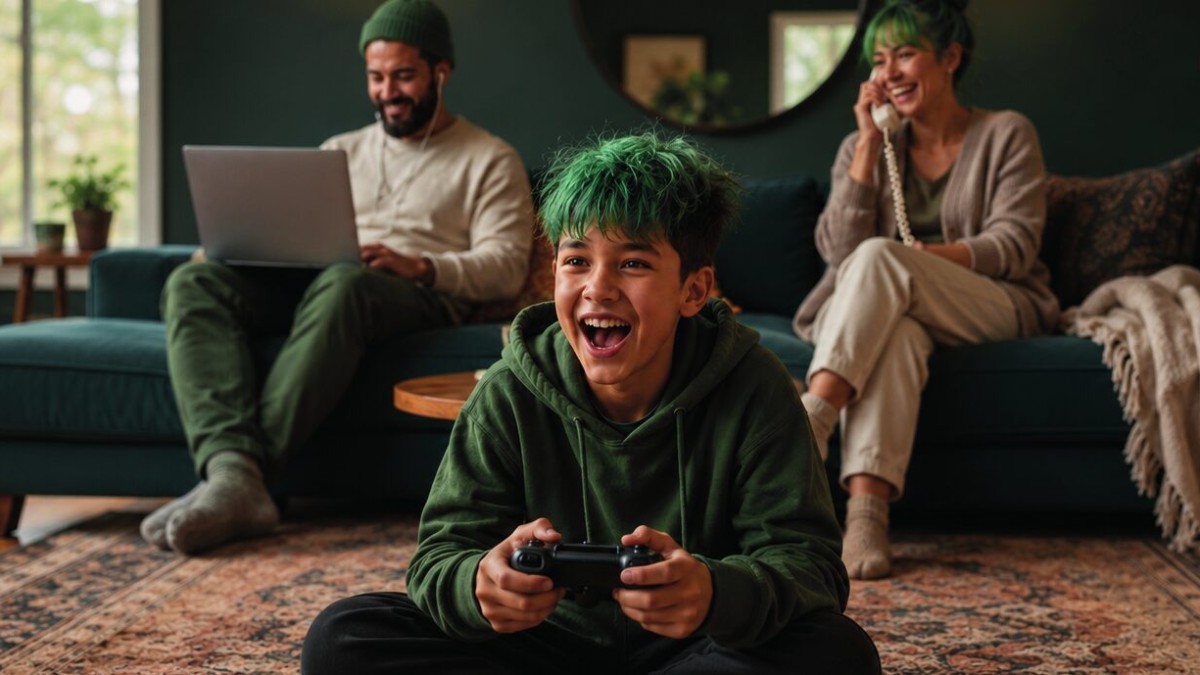Familie im Wohnzimmer, der Sohn spielt Konsole