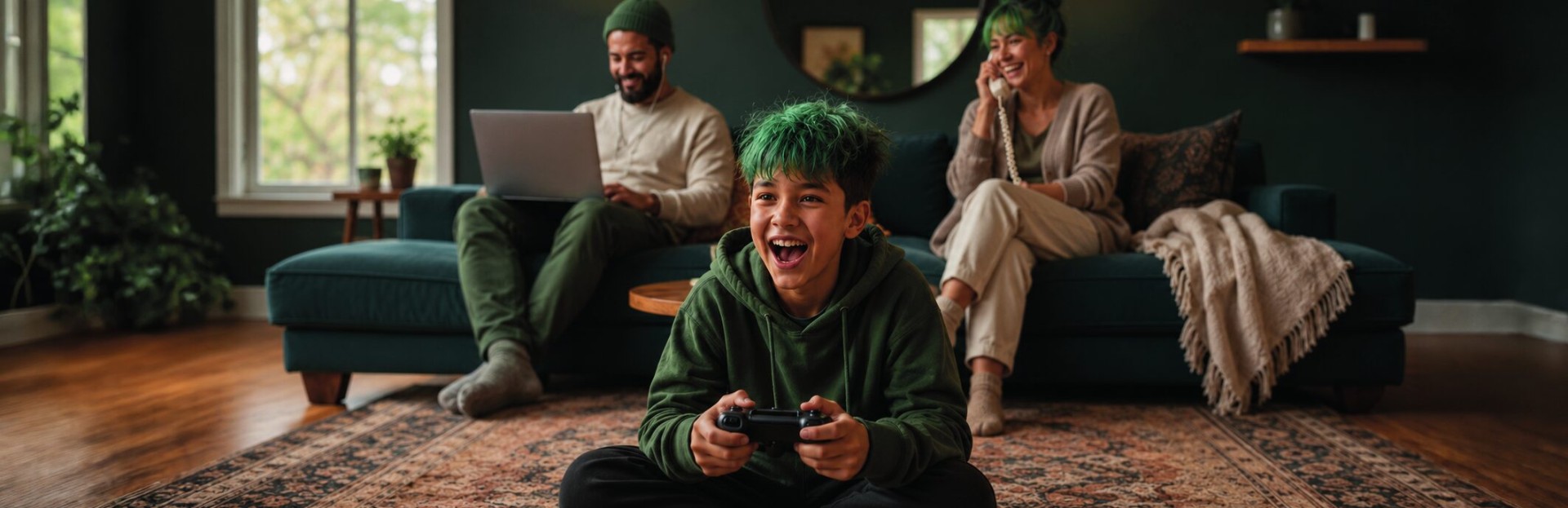 Familie im Wohnzimmer, der Sohn spielt Konsole